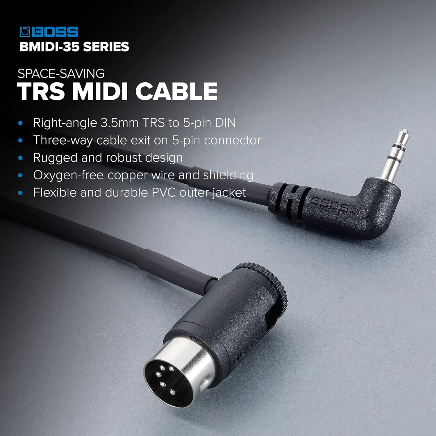 BOSS BMIDI-1-35 – 1ft / 30cm – Space-saving 3.5mm TRS to Multi-directional 5-Pin MIDI Cable