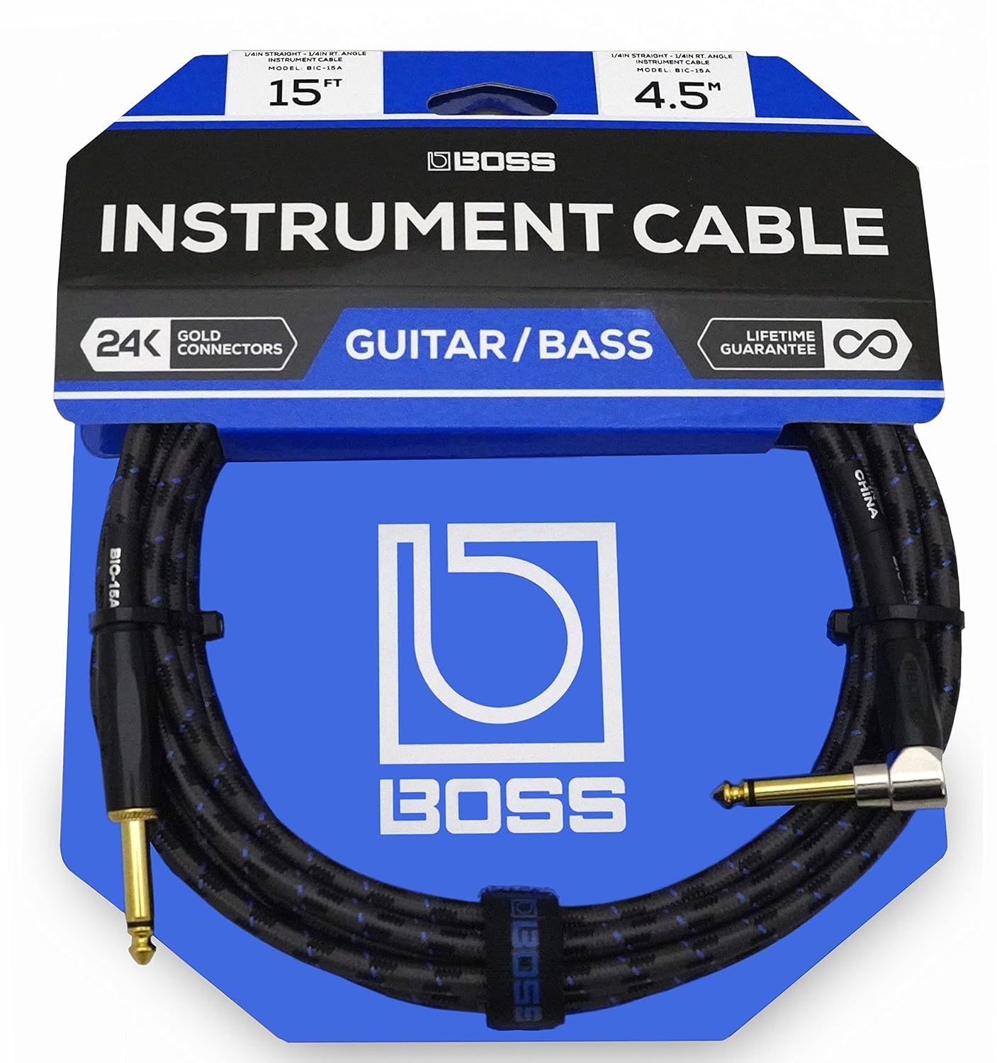 BOSS 15-foot (4.5m) Instrument Cable, Straight/Angle ¼" jack (BIC-15A)