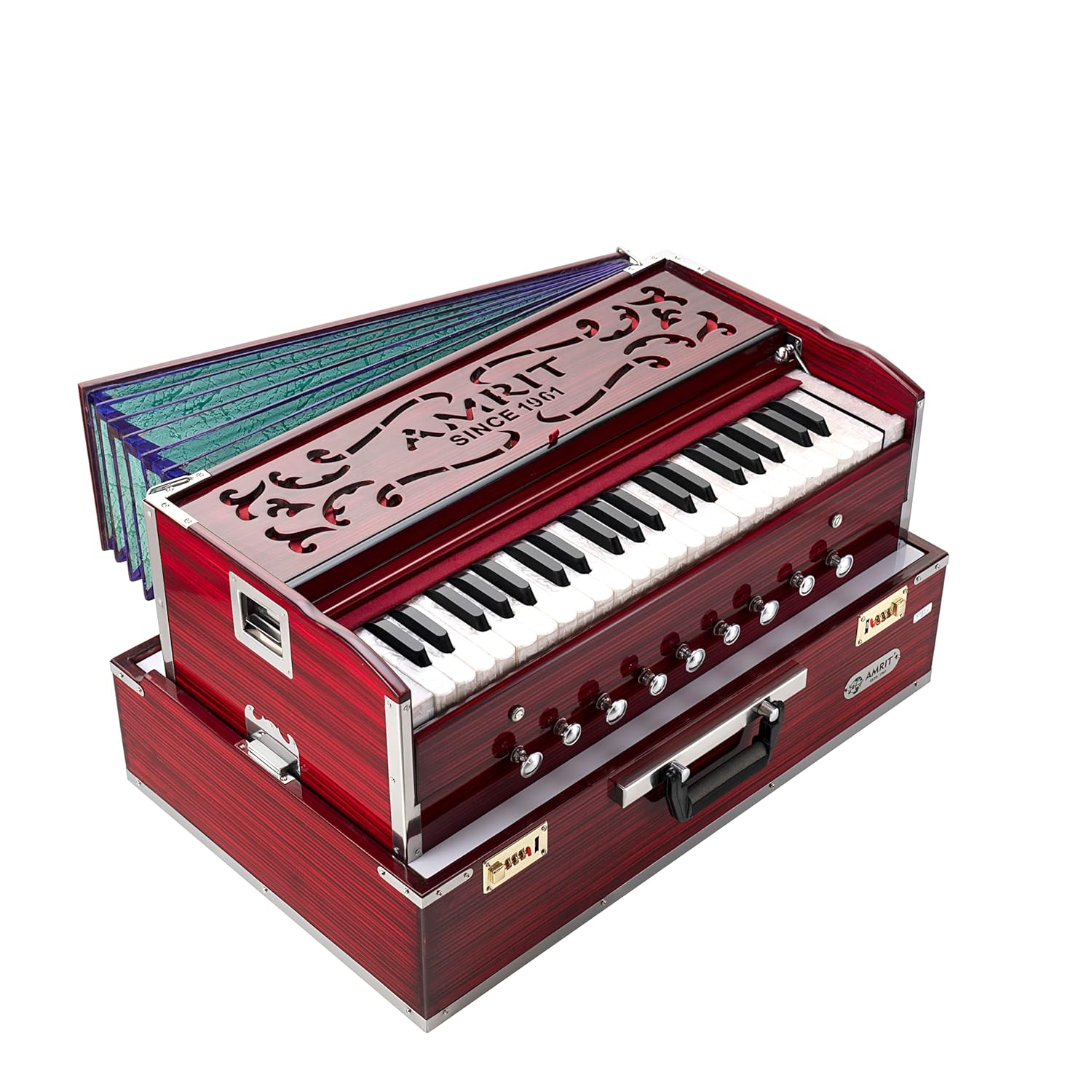 Harmonium 9-Stopper Folding Portable,42 Keys with Right Coupler, Dual Reeds (Bass & Male)