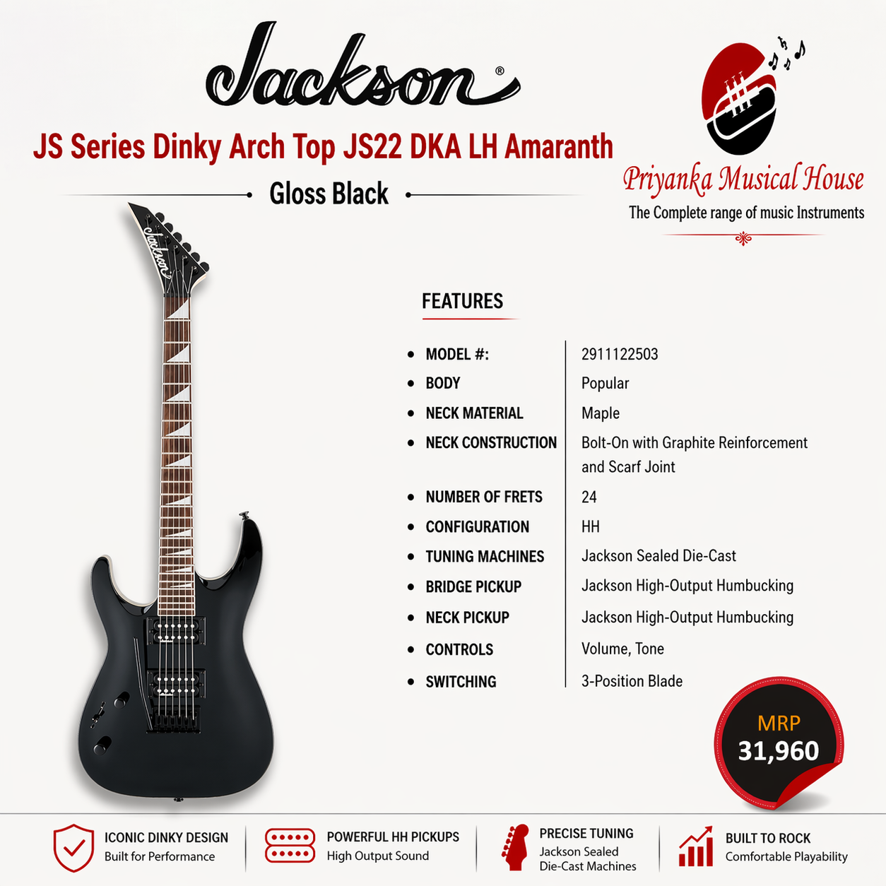 Jackson JS Series Dinky Arch Top JS22 DKA LH Black