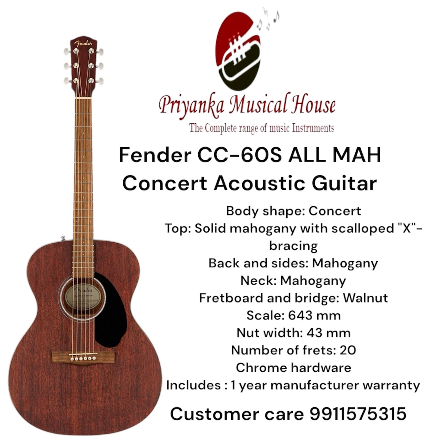 Fender CC-60S ALL MAH Concert Acoustic Guitar